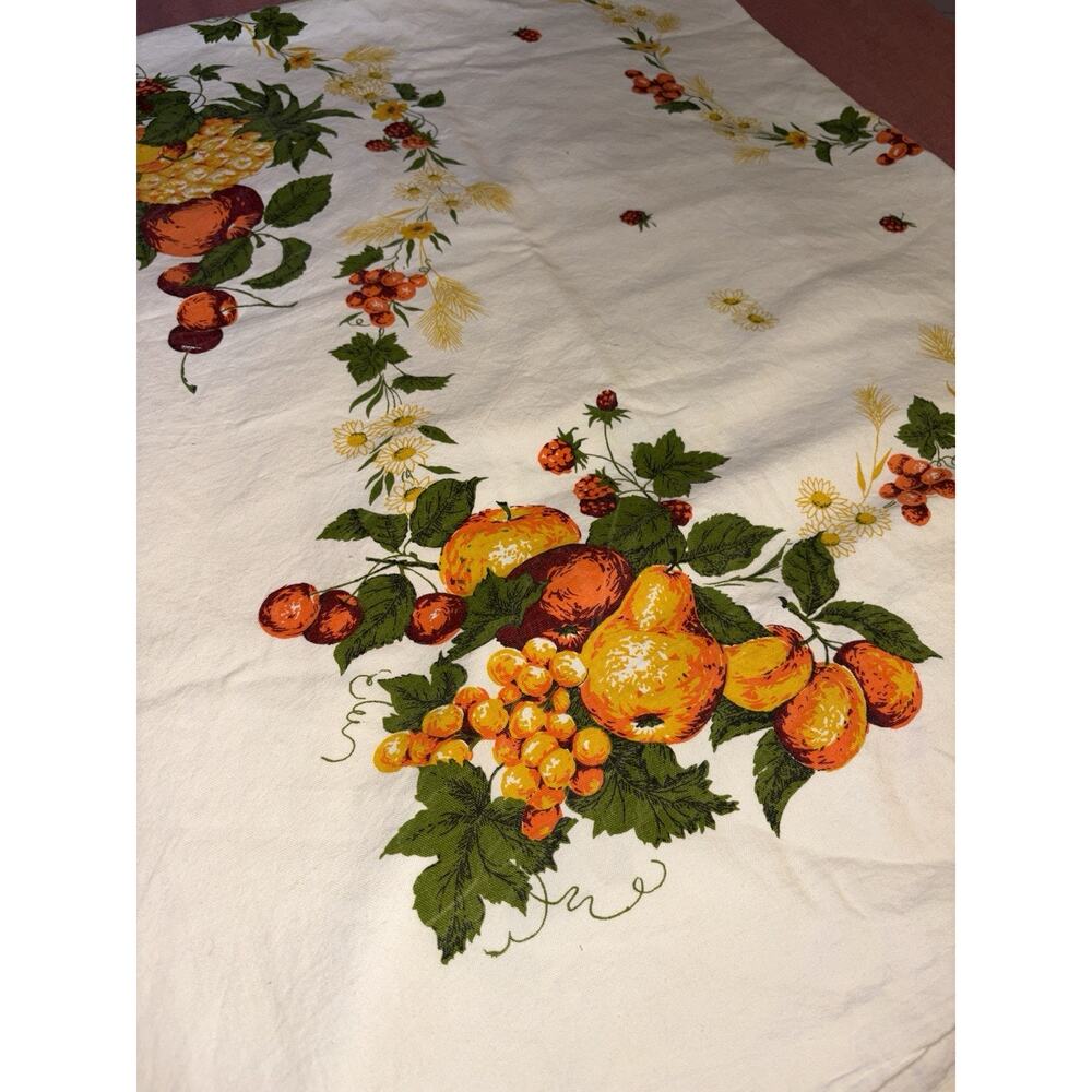 Vintage Mid Century Fruit Floral Tablecloth Orange Yellow Cotton 62x52
